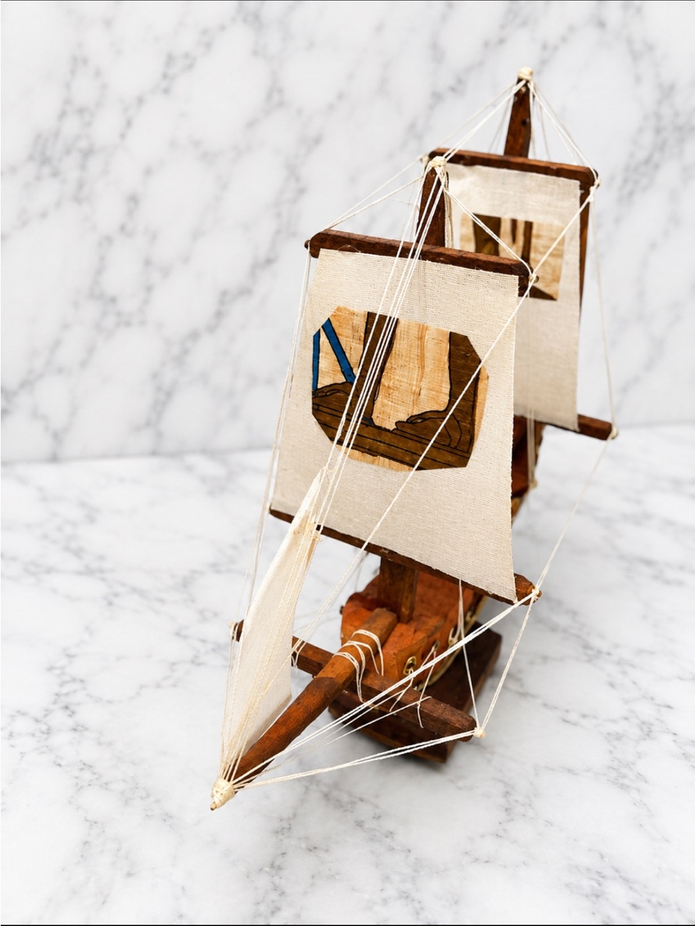 Vintage Wooden Sailing Ship Model w/ Egyptian Papyrus Art Sails Nautical Decor